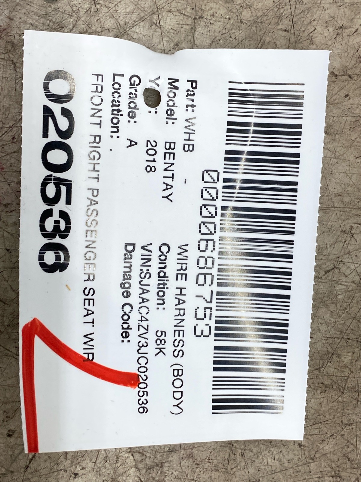 2016-2020 BENTLEY BENTAYGA FRONT RIGHT PASSENGER SEAT WIRE HARNESS 36A971553D