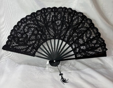 Vtg Black Lace Folding Fan Battenburg Style Black Dyed Bamboo Tassle
