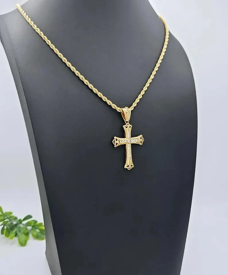 18K Yellow Gold Over Diamond Cross Pendant with 24" Rope Chain Necklace For Mens - Image 3 of 4