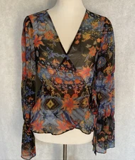 BCBGeneration Size M Black Floral Wrap Side Tie Lantern Puff Long Slv Blouse Top