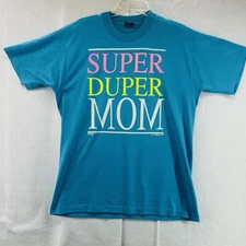 Vintage Super Duper Mom Blue/Green Shirt Womens XL Single Stitch USA Made 90s