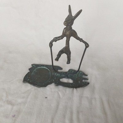 Bronze Jumping Hare Sculpture Whimsical Rabbit Jump Rope Verdigris Patina Art