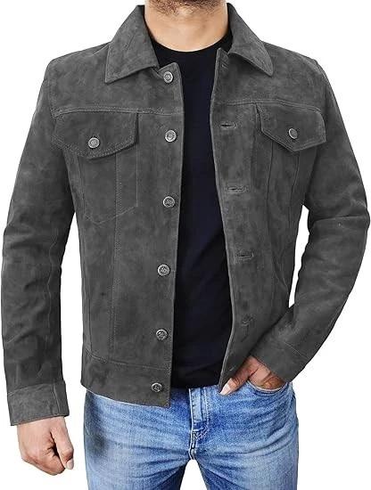 Men's Gray Suede Leather Trucker Jacket Western Cowboy Denim Style Biker Jacket
