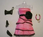BARBIE FASHION CLOTHES ~ PINK SATIN w/BLACK BOW OUTFIT w/ACCESSORIES SET