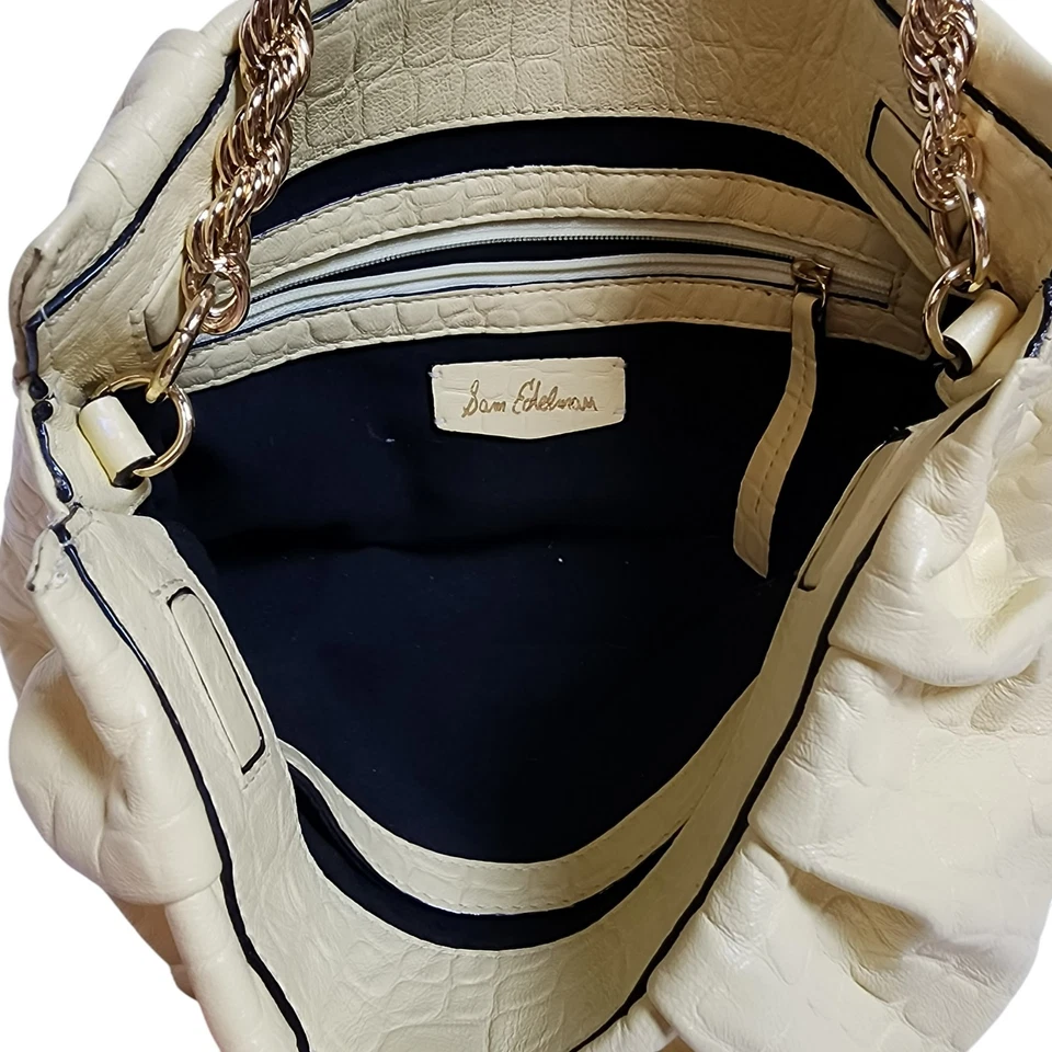 Sam Edelman Cream Croc Embossed Faux Leather Shoulder Bag Gold Chain Strap Hobo - Image 4 of 4