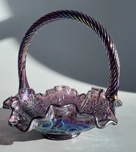 Vintage Fenton Glass Plum Amethyst Iridescent Carnival Peacock Dahlia 6" Basket
