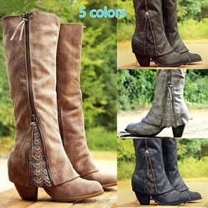 leer Retro Casual Nieuw halfhoge echt dames hak Zip blok schoenen rijlaarzen wx1r1Eq