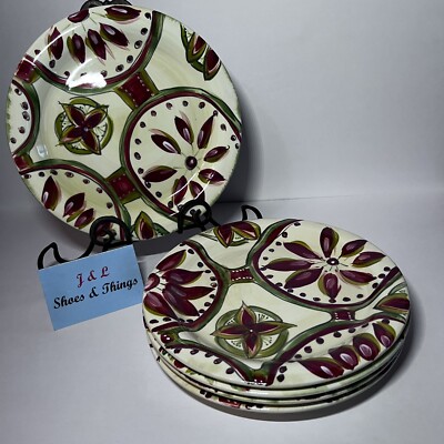 Tabletops Gallery Handpainted Moira (5) Dinner Plates Red & Green Flowers EUC