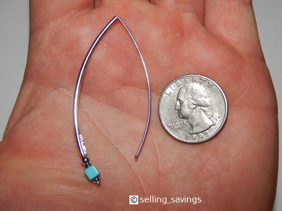 PENDIENTES COLGANTES GANCHO EN ORO BLANCO 14K TURQUESA ITALIANA CORTE CUADRADO 2,3 PULGADAS LARGO Foto 3 de 4