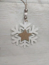 New! Snowflake Star Christmas Cutout Glitter Tree Ornament Wood Winter Holiday