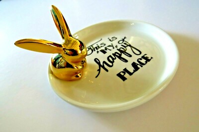 Bunny Rabbit Ceramic Trinket Dish This is my Happy Place Easter Gift Idea