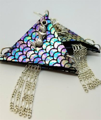 Shimmering Mermaid Real Leather Triangle Earrings with Chain Dangles - Picture 4 of 5