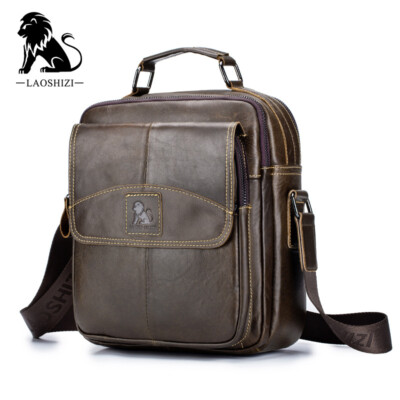 LAOSHIZI Leather Crossbody Shoulder Men Messenger Travel Chest Sling Hiking Bag