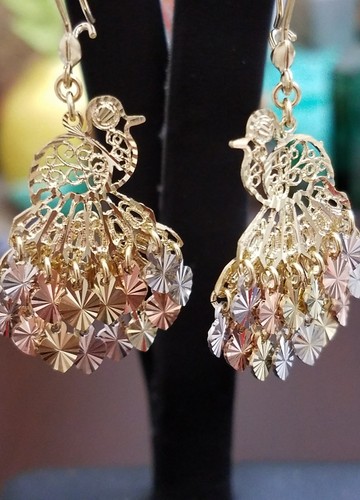 GOLd peacock Chandelier Earring 14k solid real Filigree Gypsy long dangle 2" - Picture 8 of 12