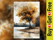 Golden Autumn Tree Painting 5"x7" Print on Matte Paper | Peaceful Fall Scene