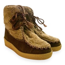Vintage 70s Snowland Faux Fur Suede Boots 6 Sherpa Lined Lace Up Retro Winter