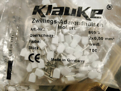 100 twin wire end ferrules 2x0.5 mm² ZH plastic collar Klauke 869/8 white
