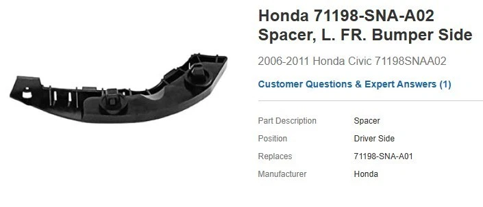 OEM Honda 71198-SNA-A02 Spacer, LF Bumper Side 2006-11 Civic - Image 4 of 4