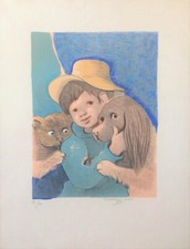 Madeleine Luka LITHO Jeune garçon aux chiens ANIMAUX NAIF