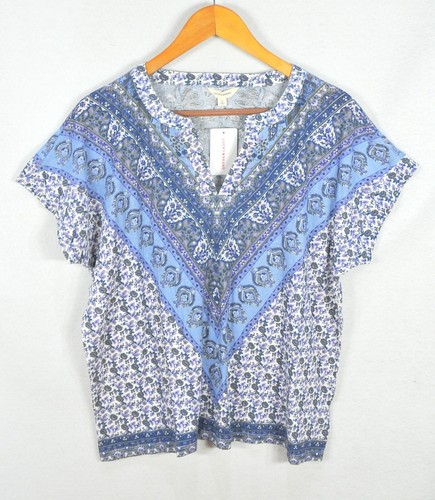 Lucky Brand Women's Blouse L Summer V-Neck Blue Geo Floral Print Shirt Top NWT
