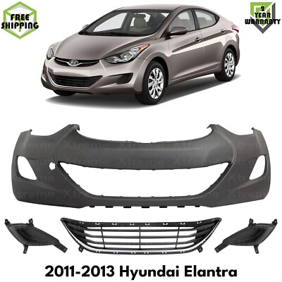 Front Bumper Cover Primed & Fog Light Covers Kit For 2011-2013 Hyundai Elantra