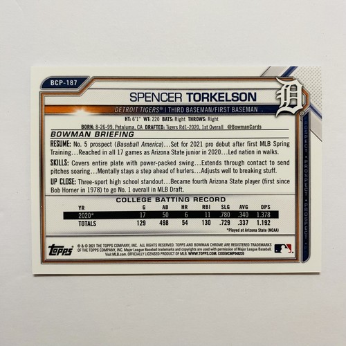 Refractores mojo púrpura Bowman Chrome Spencer Torkelson 2021/250 #BCP-187 - Imagen 2 de 3