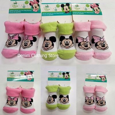 Mickey Mouse or Minnie Mouse Booties Socks Pink Green Baby Shower 0-12 Months 