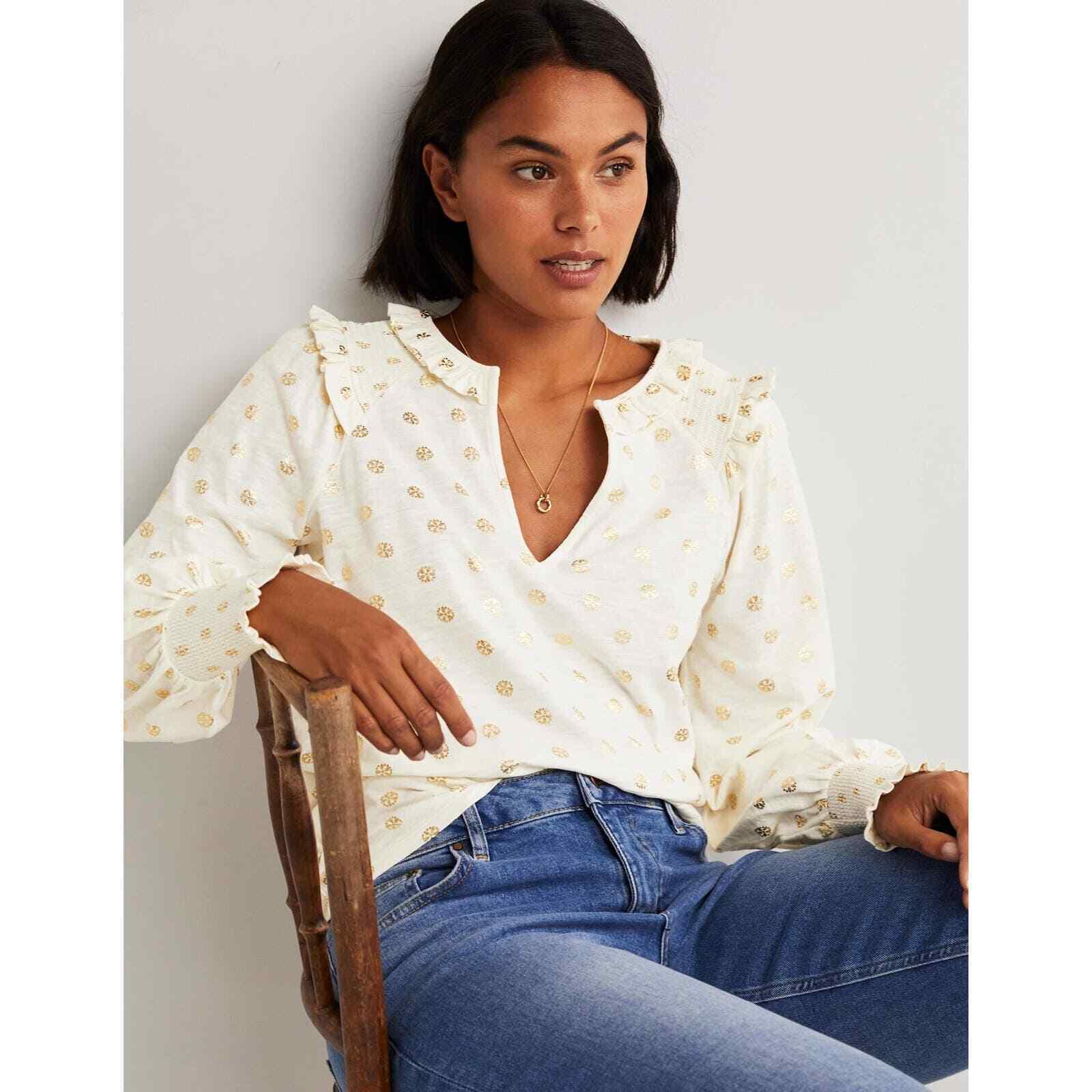 Boden Notch Neck Smocked Frill Top Dots Off White… - image 4