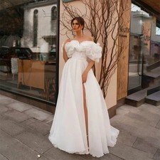 Off The Shoulder Puff Sleeves Wedding Dress High Slit Elegant A-Line Bridal Gown