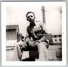 Vtg B W Snapshot Young Man in Military Uniform Army Base Barracks 1940s