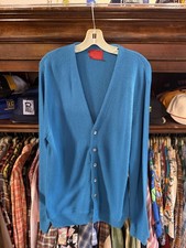 Vintage Sweater Cardigan Mens Large Blue Solid Knit Button V Neck 60s 70s