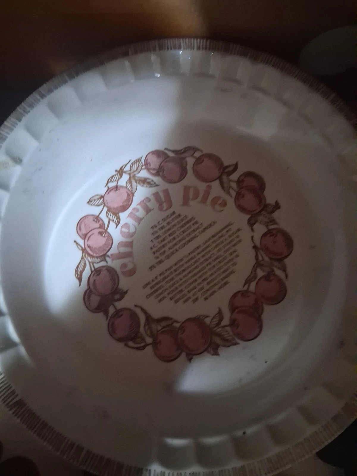 Vintage Cherry Pie Recipe Glass Pie Dish White Pink Brown Round 9 in Oven Safe