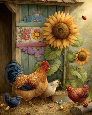 8x10 Cozy Storybook Chicken and Roosterlings in Barn Art Print - 766793642