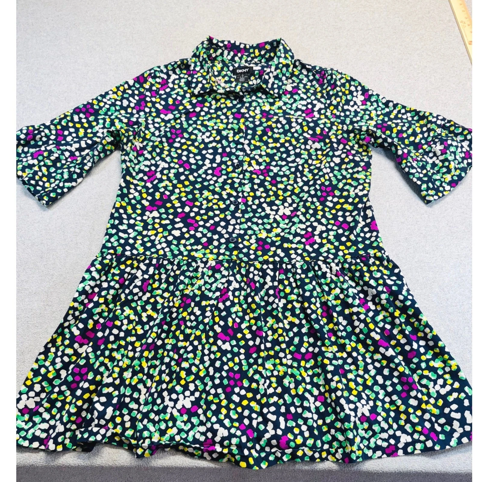 DKNY Button Down Dress Girls 14 Multi Color Abstract Confetti Drop Waist Mod