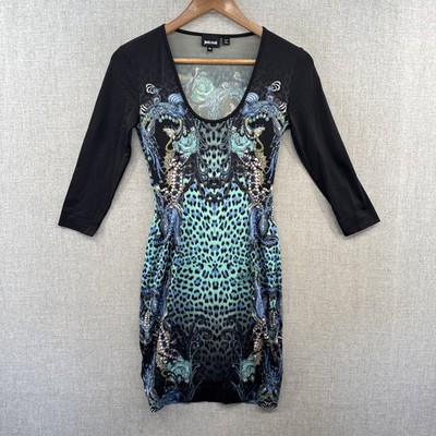 Just Cavalli Mini Dress Size 38 Blue Leopard Printed Stretch Knit Long Sleeve