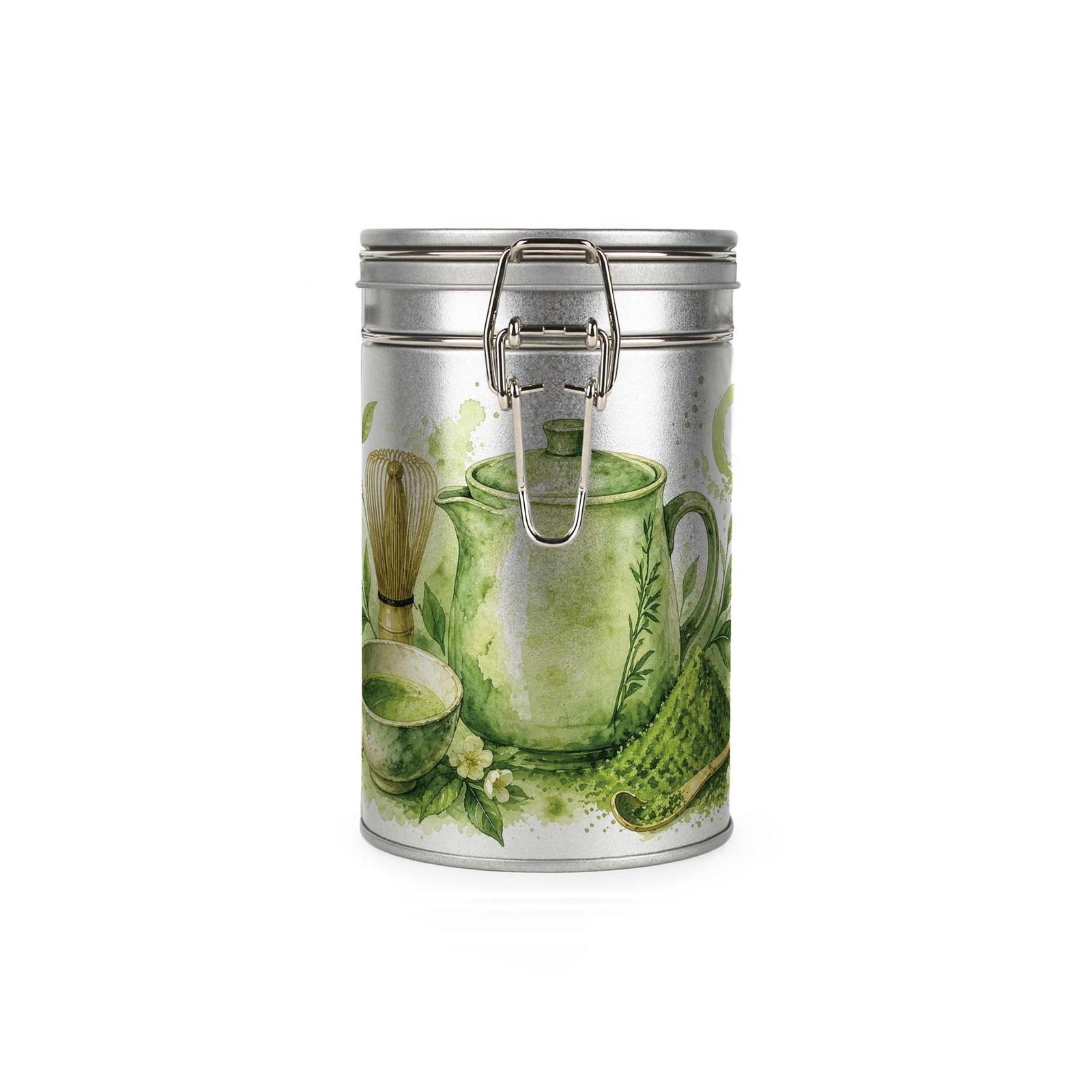 Matcha Tea Canister - Green Watercolour Silver Metal Kitchen Storage Gift