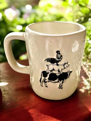 #ad Rae Dunn CLUCK OINK MOO White Ceramic Mug Two Sided Rooster Pig Cow NEW $12.00