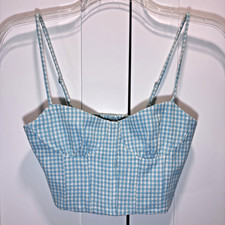 Zara Gingham Cotton Bustier Crop Top Corset Blue White Adjustable Straps Size M