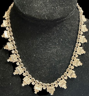 Vtg Art Deco Style Square Rectangle Triangle Clear Smoke Rhinestone Necklace 16''