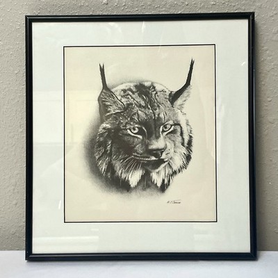 A.J. Casson Lynx Lithograph   13x14 Framed Wildlife Print   Vintage Canadian Art