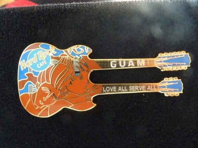 Hard Rock Cafe pin Guam Blue Doubleneck Guitar with Two Lovers 2001