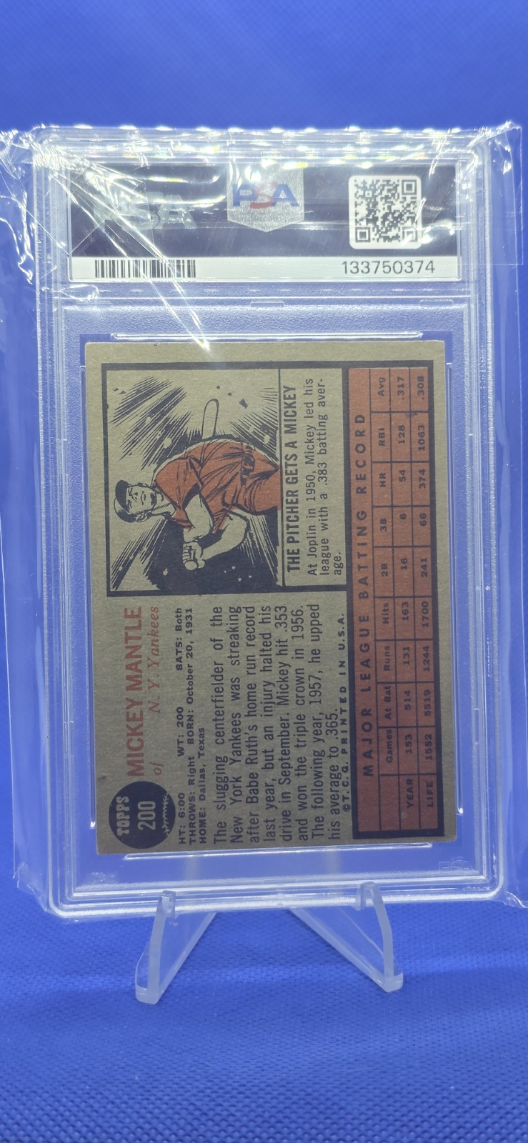 1962 Topps Mickey Mantle #200 PSA 3 VG view 2