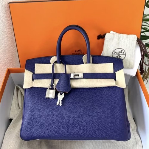 Hermes Birkin 25 Bleu Encre Orange Verso Togo Palladium HW Handbag Auth
