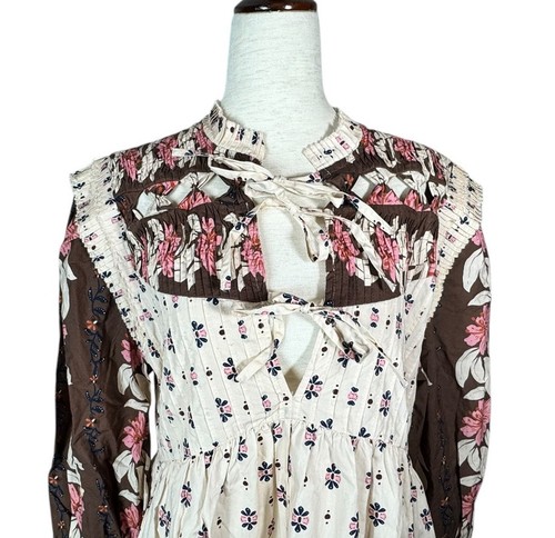 NEW Farm Rio Sz M “Ainika Floral Open Yoke Ties Mini Dress”—Long Puff Sleeves - Picture 2 of 15