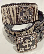 Nocona Wide Zebra Print Western Belt Black With Silver Studs M 40"