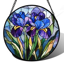 Stained Glass Window Hanging Blue Purple Iris Flower Suncatcher for Door Gar...