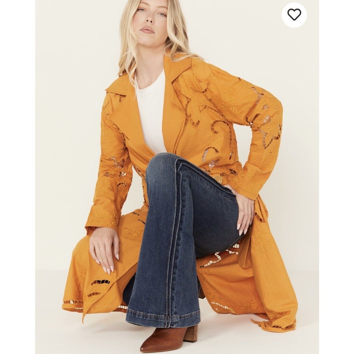 Free People Size S Susanna Cutwork Lace Duster Coat Mustard Cotton Linen  NWOT