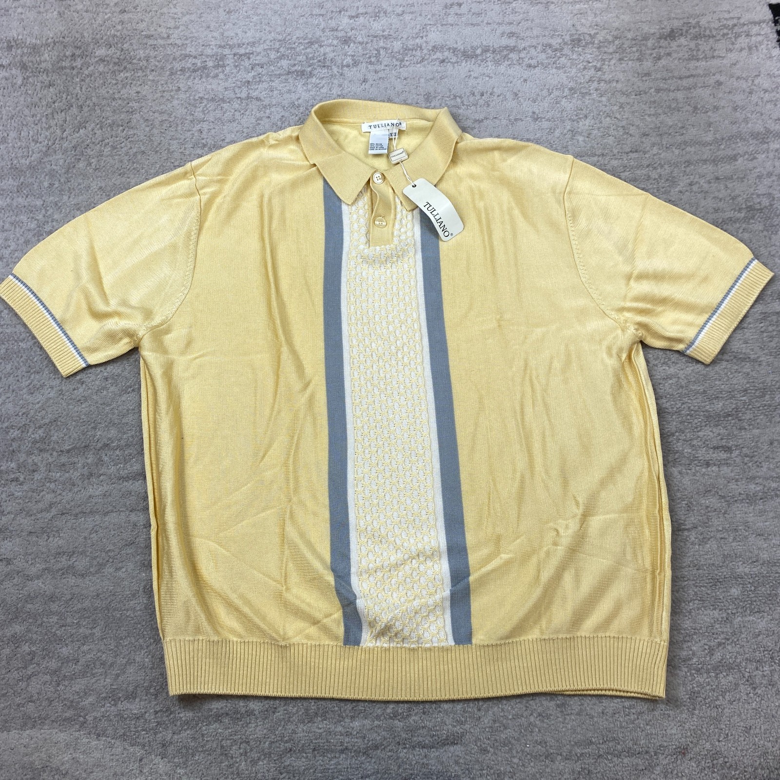 VTG Tulliano Knit Dazzle Polo Shirt 2XL XXL Yellow Disco Dagger Camp Sheer Mod