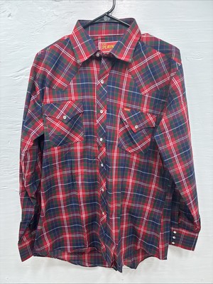 New Men s ELY Plains Red Plaid Long Sleeve Pearl Snap 16  X 34 Large M-34