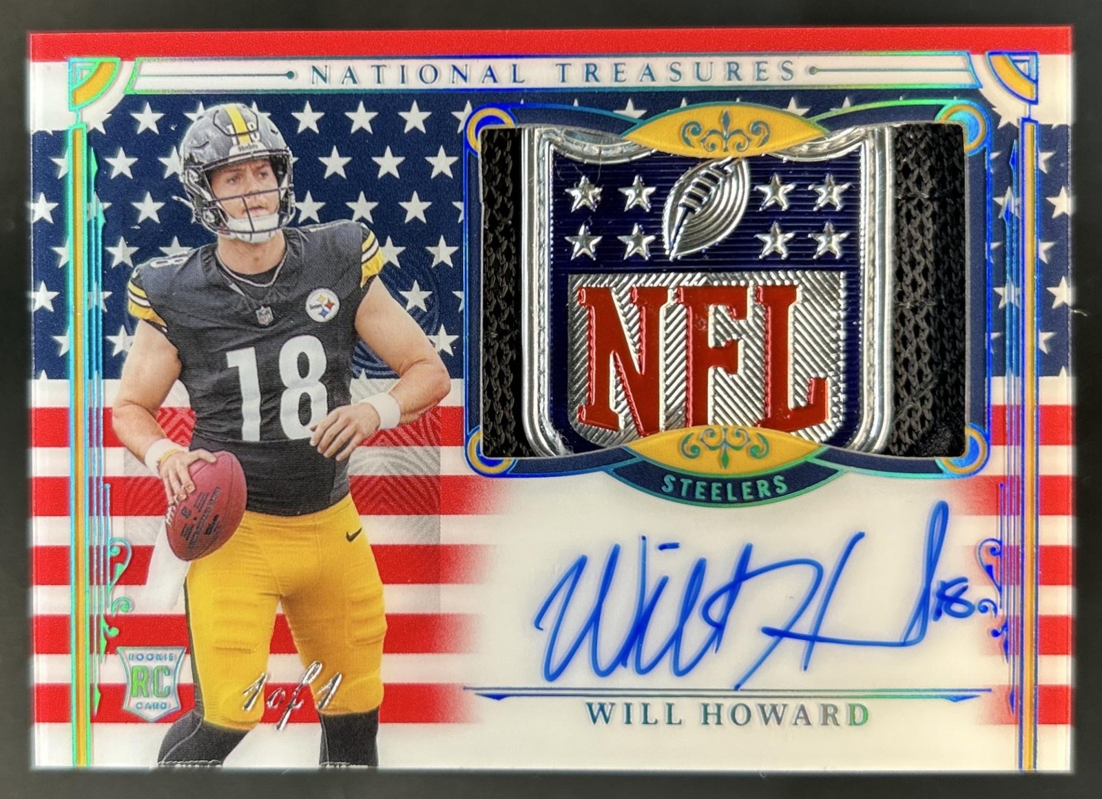2025 National Treasures Will Howard RC Patch Auto Stars Stripes NFL Shield #1/1